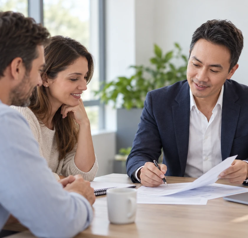 Illustrative consultation scene featuring Ryan Kim discussing financial documents with clients